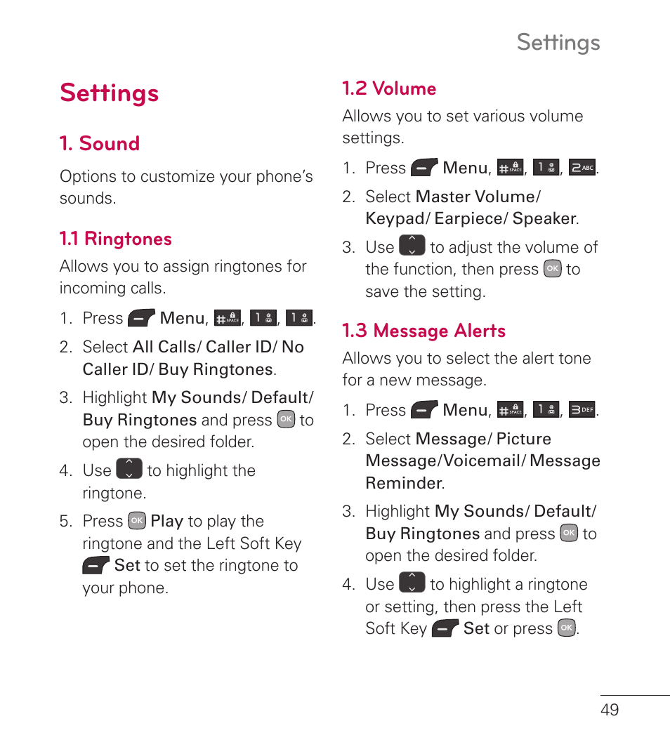 Settings, Sound, 1 ringtones | 2 volume, 3 message alerts, Settings 49 | LG LG236C User Manual | Page 51 / 64