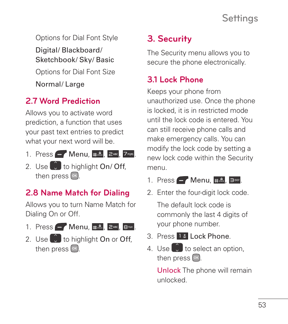 7 word prediction, 8 name match for dialing, Security | 1 lock phone, Settings | LG LG236C User Manual | Page 55 / 64