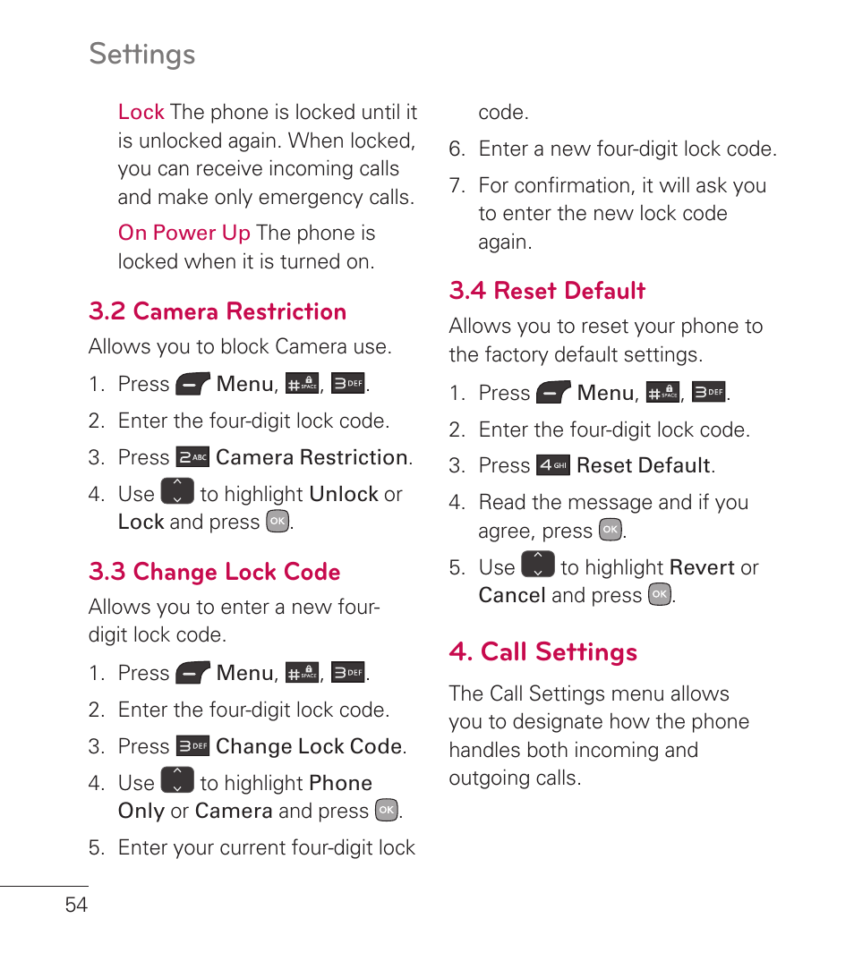 2 camera restriction, 3 change lock code, 4 reset default | Call settings, Settings | LG LG236C User Manual | Page 56 / 64