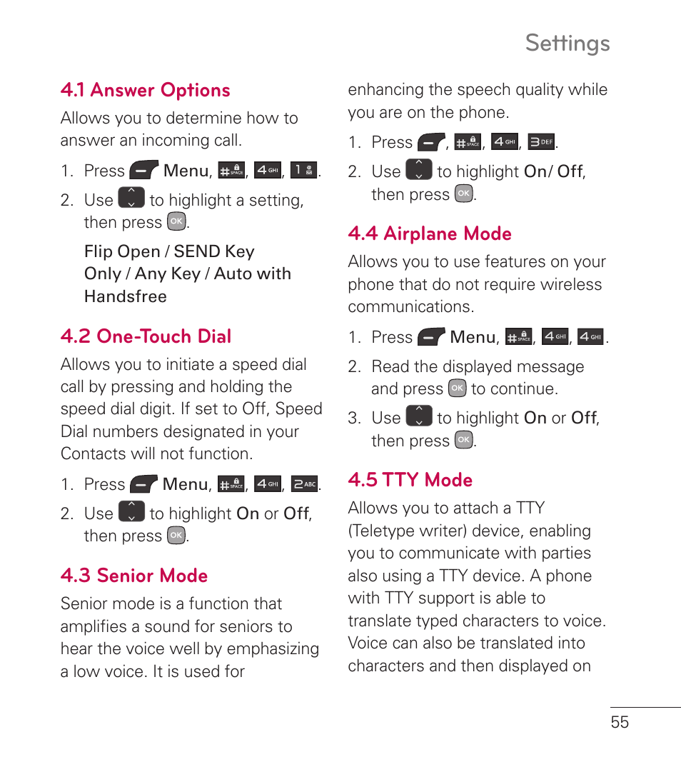1 answer options, 2 one-touch dial, 3 senior mode | 4 airplane mode, 5 tty mode, Settings | LG LG236C User Manual | Page 57 / 64