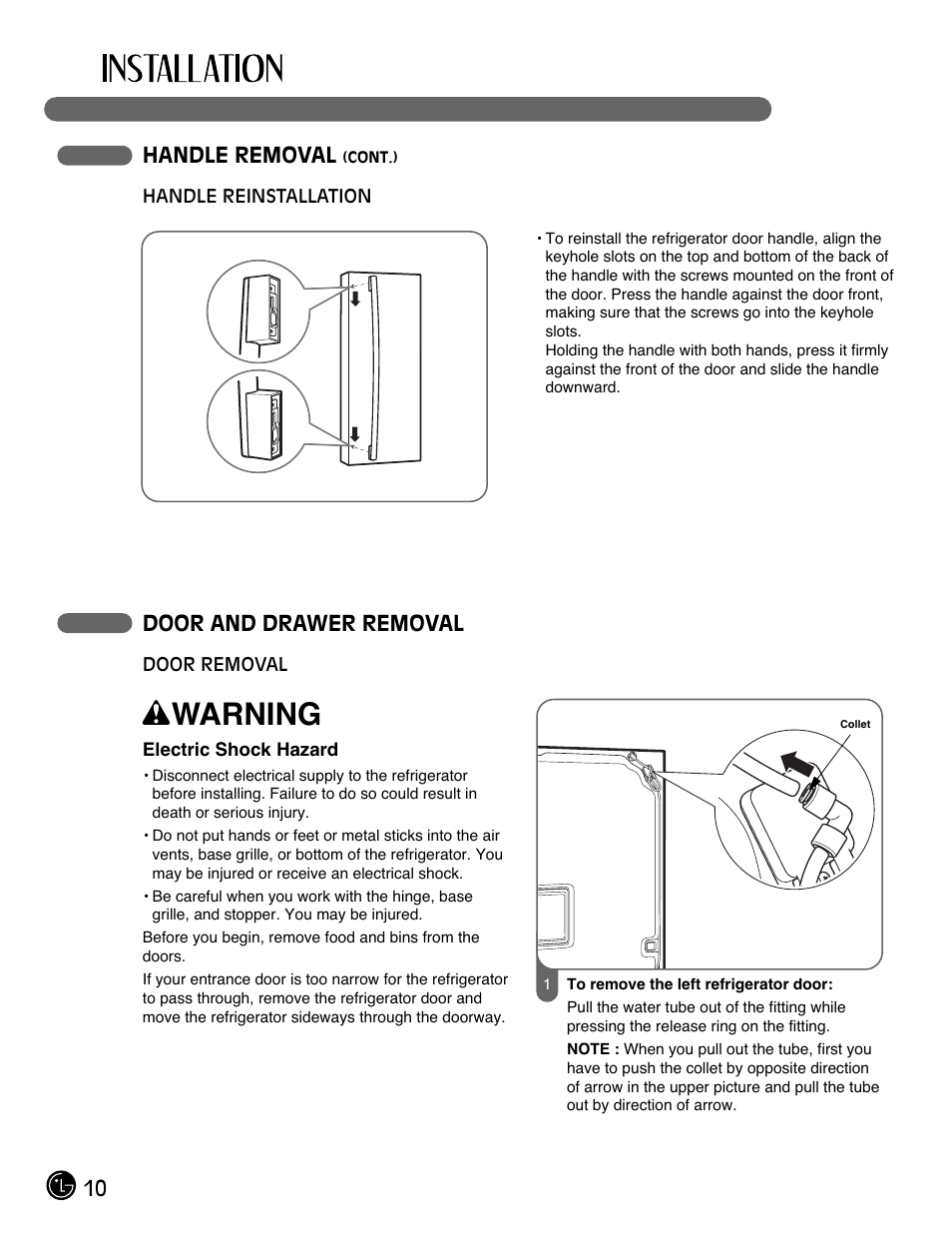 Wwarning, 10 handle removal, Door and drawer removal | LG LMX25964SS User Manual | Page 10 / 43