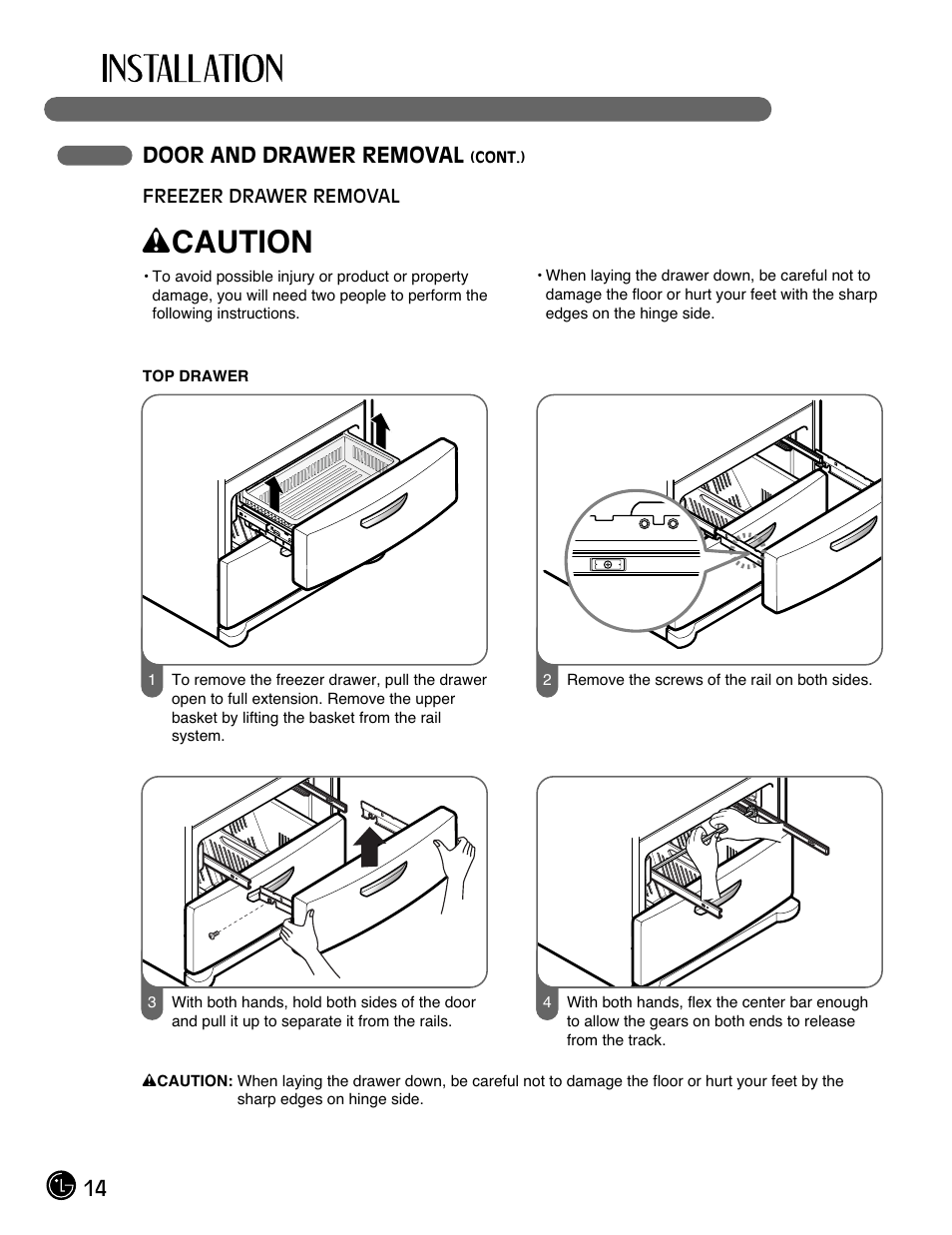 Wcaution, 14 door and drawer removal | LG LMX25964SS User Manual | Page 14 / 43