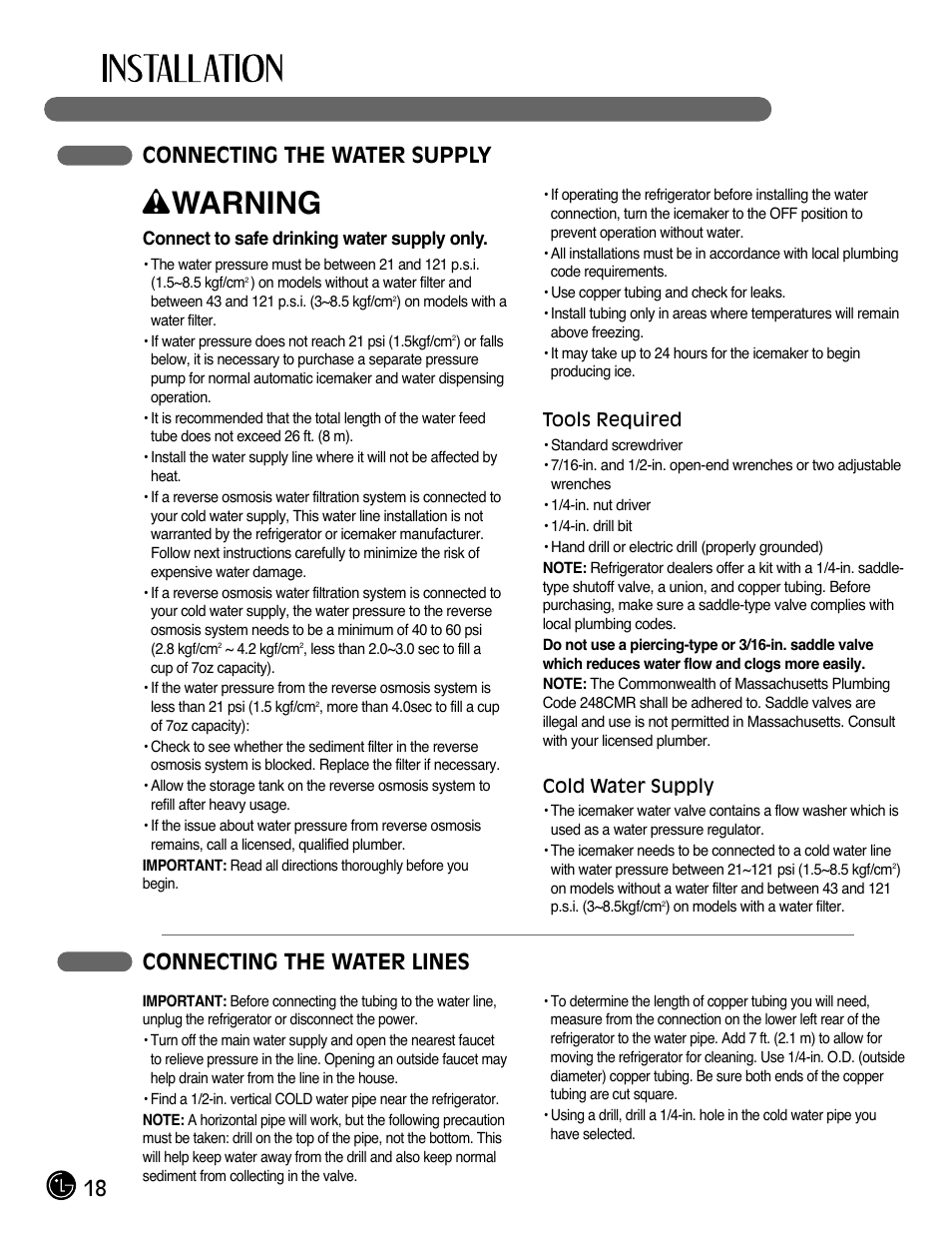 Wwarning, 18 connecting the water supply, Connecting the water lines | LG LMX25964SS User Manual | Page 18 / 43