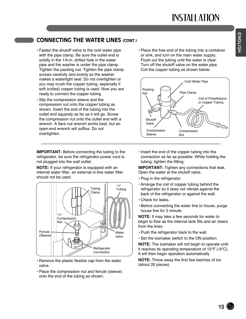 19 connecting the water lines, English | LG LMX25964SS User Manual | Page 19 / 43