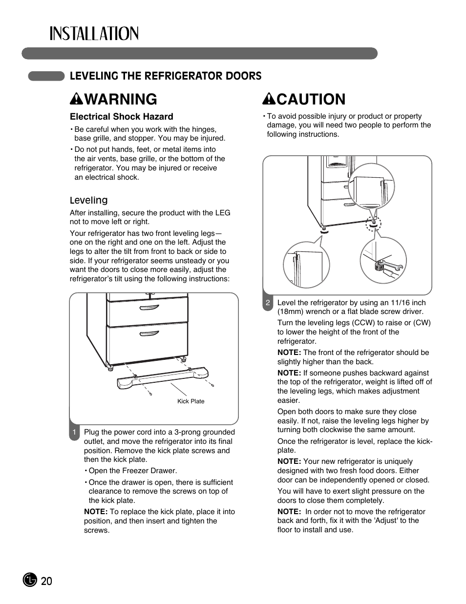 Wwarning, Wcaution, 20 leveling the refrigerator doors | LG LMX25964SS User Manual | Page 20 / 43