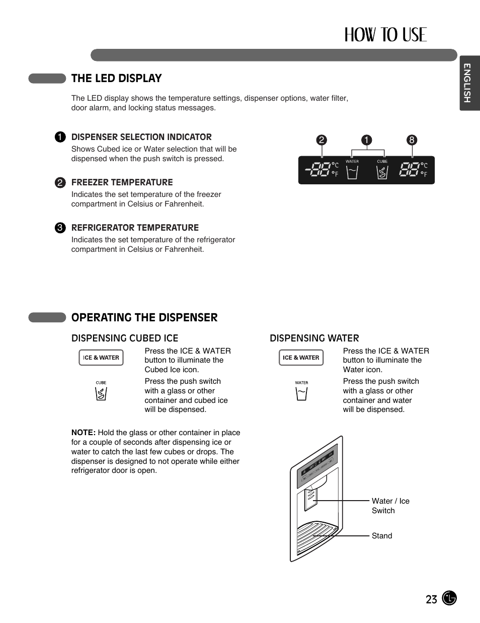 23 the led display, Operating the dispenser | LG LMX25964SS User Manual | Page 23 / 43