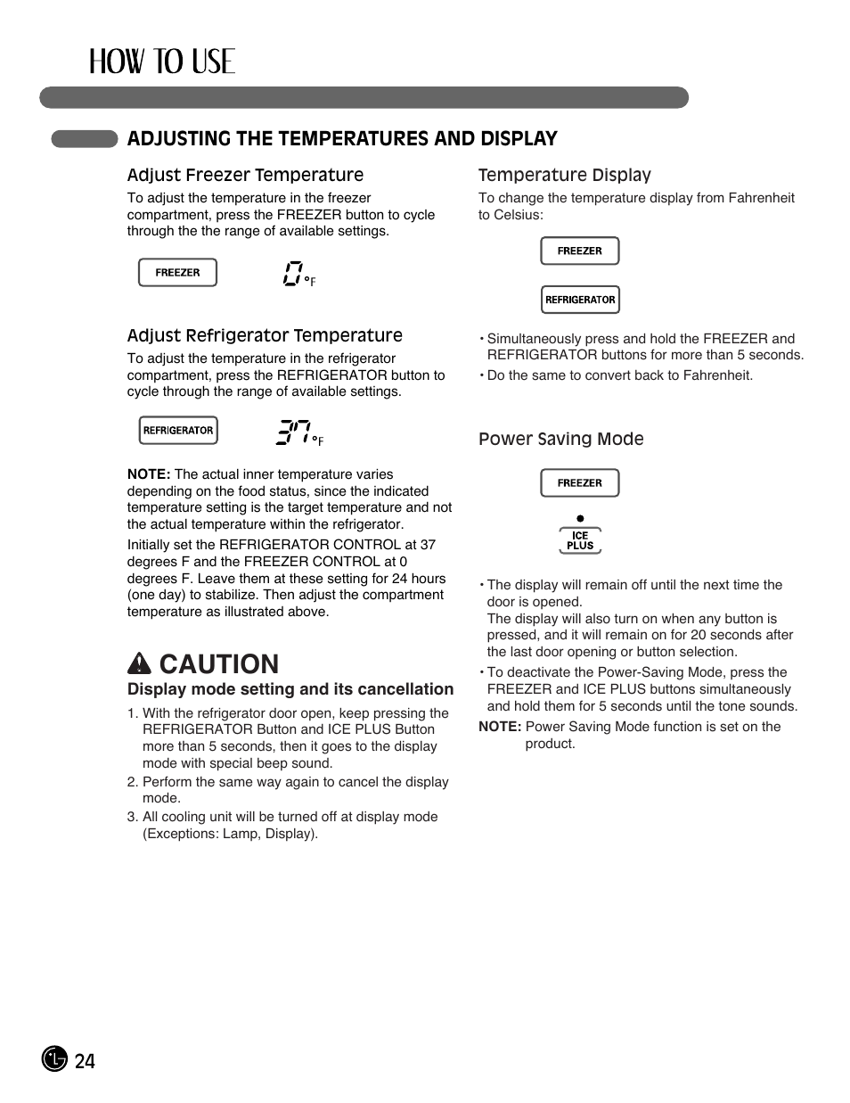 Wcaution, 24 adjusting the temperatures and display | LG LMX25964SS User Manual | Page 24 / 43