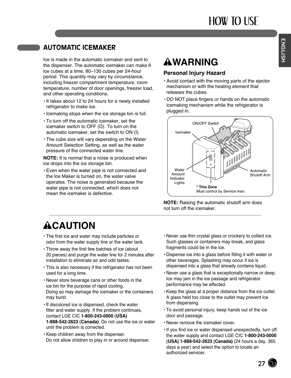 Wwarning, Wcaution, 27 automatic icemaker | LG LMX25964SS User Manual | Page 27 / 43