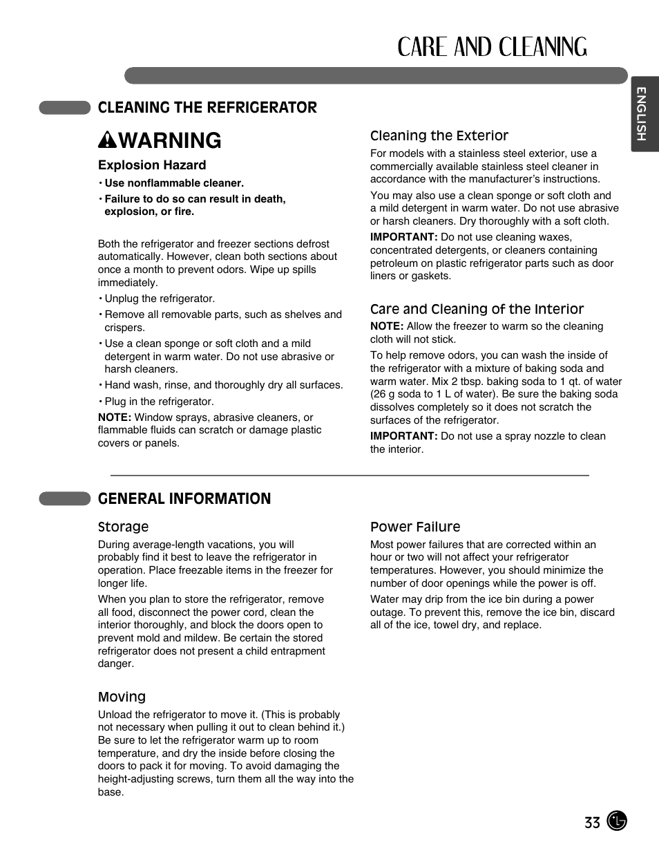 Wwarning, 33 cleaning the refrigerator, General information | LG LMX25964SS User Manual | Page 33 / 43