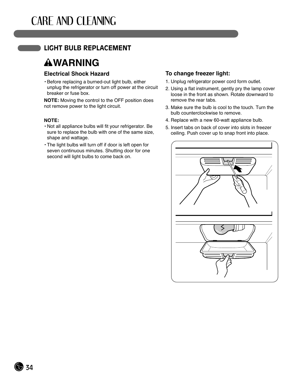 Wwarning, 34 light bulb replacement | LG LMX25964SS User Manual | Page 34 / 43