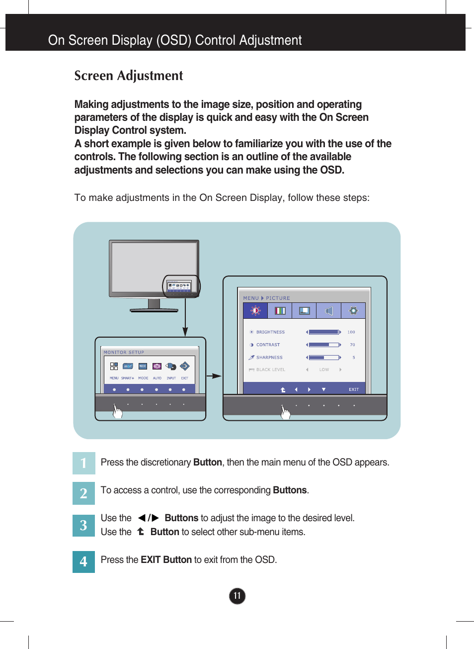 On screen display (osd) control adjustment, Screen adjustment | LG IPS226V-PN User Manual | Page 12 / 32