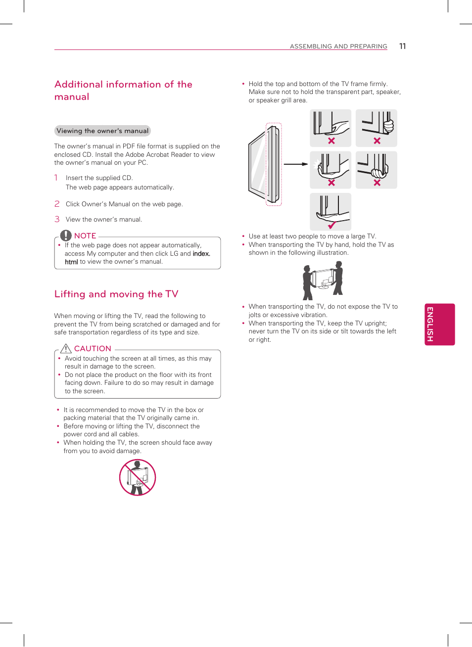 Lifting and moving the tv, Additional information of the manual | LG 50LN5100 User Manual | Page 11 / 48