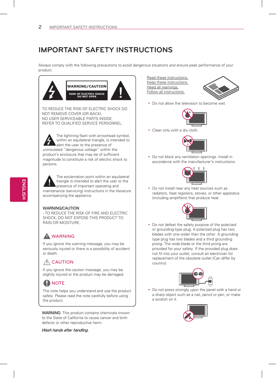 Important safety instructions, English, Warning | Caution | LG 50LN5100 User Manual | Page 2 / 48