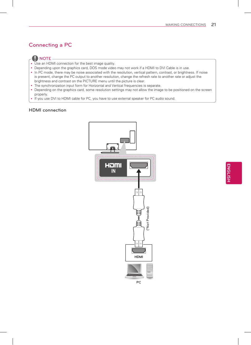 Connecting a pc, Hdmi connection | LG 50LN5100 User Manual | Page 21 / 48