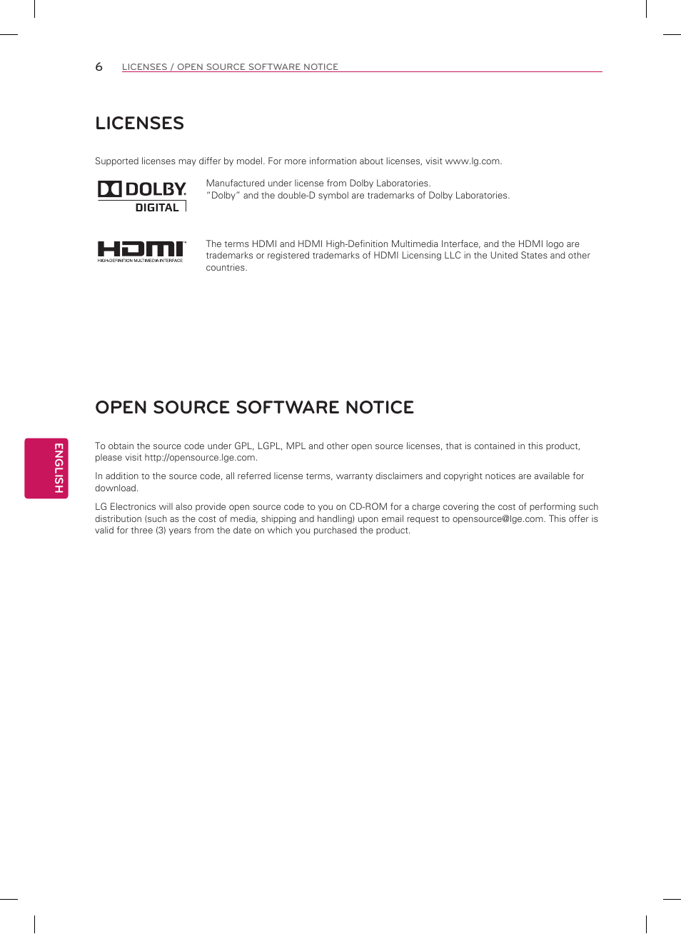 Licenses, Open source software notice | LG 50LN5100 User Manual | Page 6 / 48