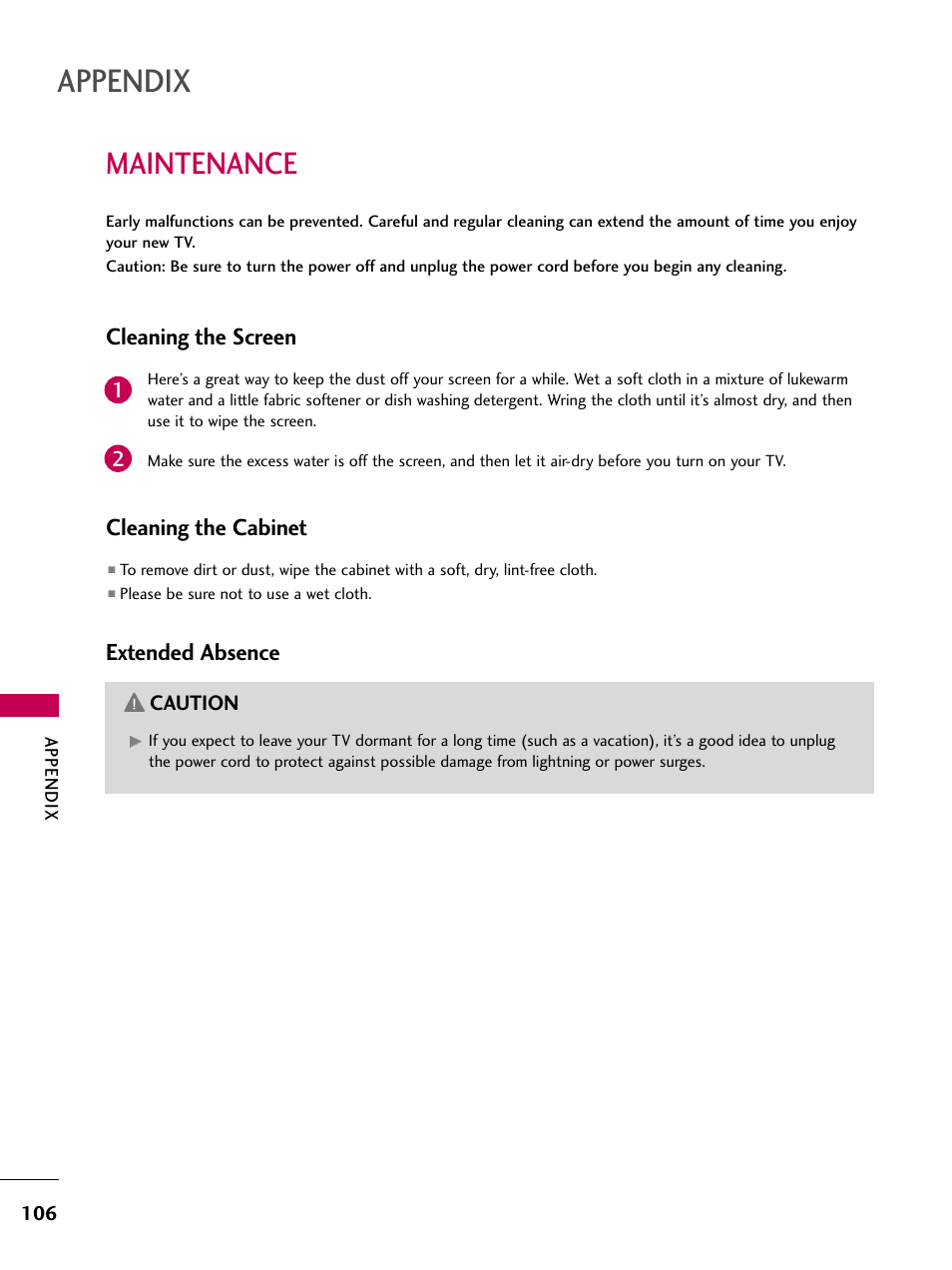 Maintenance, Appendix, Cleaning the screen | Cleaning the cabinet, Extended absence | LG 32LG40 User Manual | Page 108 / 136