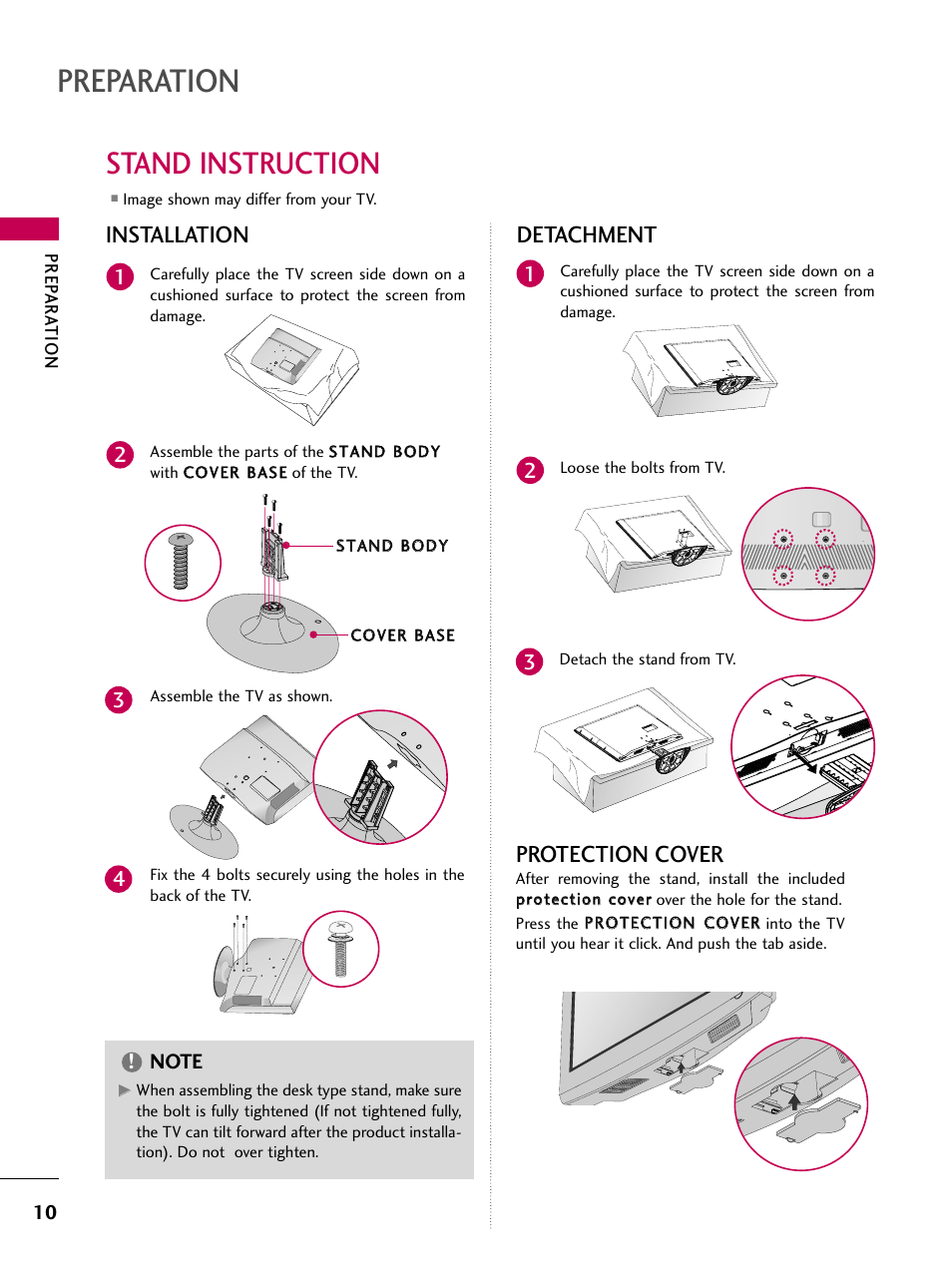 Stand instruction, Preparation, Installation detachment | Protection cover | LG 32LG40 User Manual | Page 12 / 136