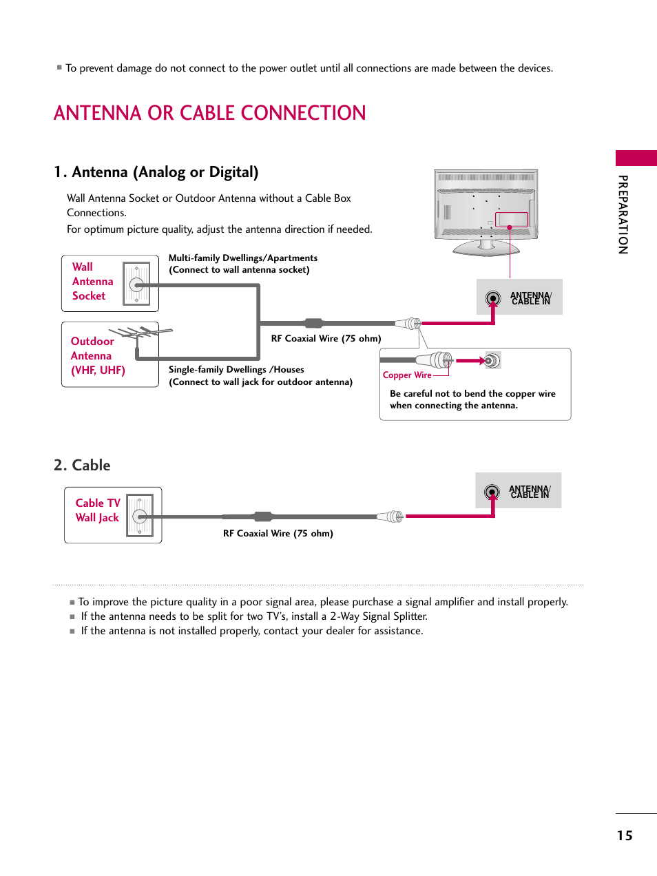 Antenna or cable connection, Antenna (analog or digital), Cable | Prep ar at ion | LG 32LG40 User Manual | Page 17 / 136