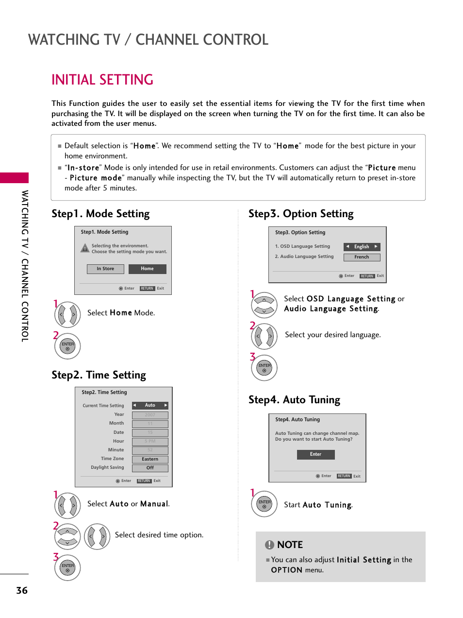 Initial setting, Watching tv / channel control, Step1. mode setting step2. time setting | Step3. option setting step4. auto tuning, Watching tv / channel contr ol | LG 32LG40 User Manual | Page 38 / 136