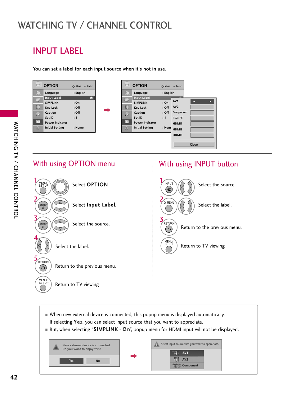 Input label, Watching tv / channel control, With using option menu | With using input button, Watching tv / channel contr ol | LG 32LG40 User Manual | Page 44 / 136