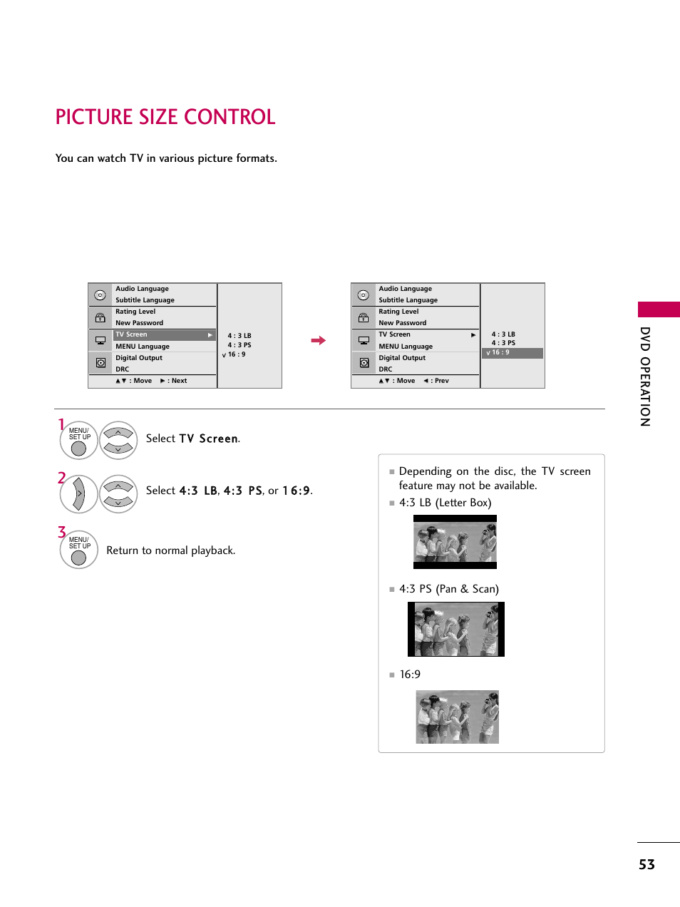 Picture size control, Dv d oper at ion, Return to normal playback | You can watch tv in various picture formats, 3 lb (letter box), 3 ps (pan & scan) | LG 32LG40 User Manual | Page 55 / 136