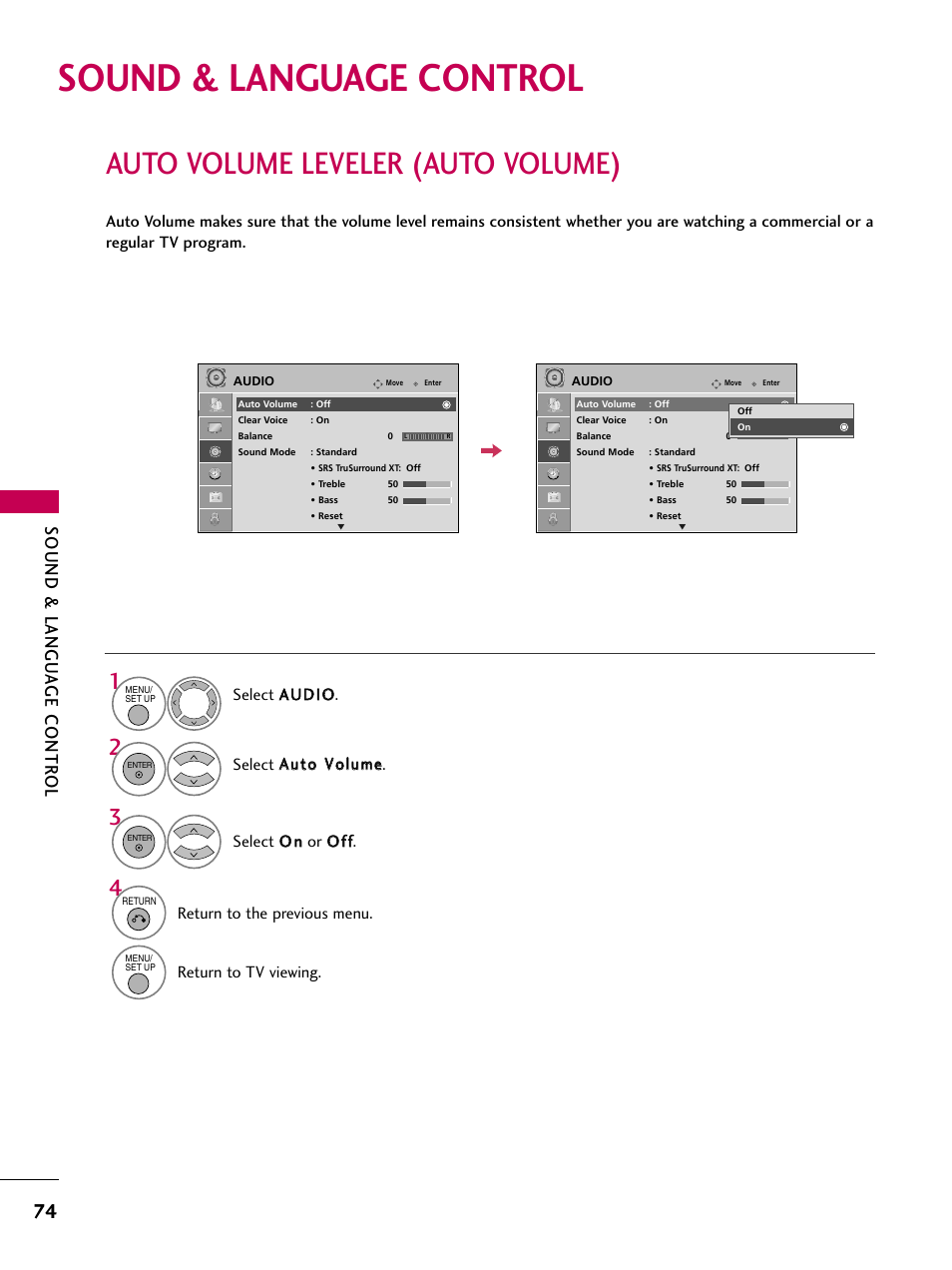 Sound & language control, Auto volume leveler (auto volume), Sound & langu a ge contr ol | LG 32LG40 User Manual | Page 76 / 136