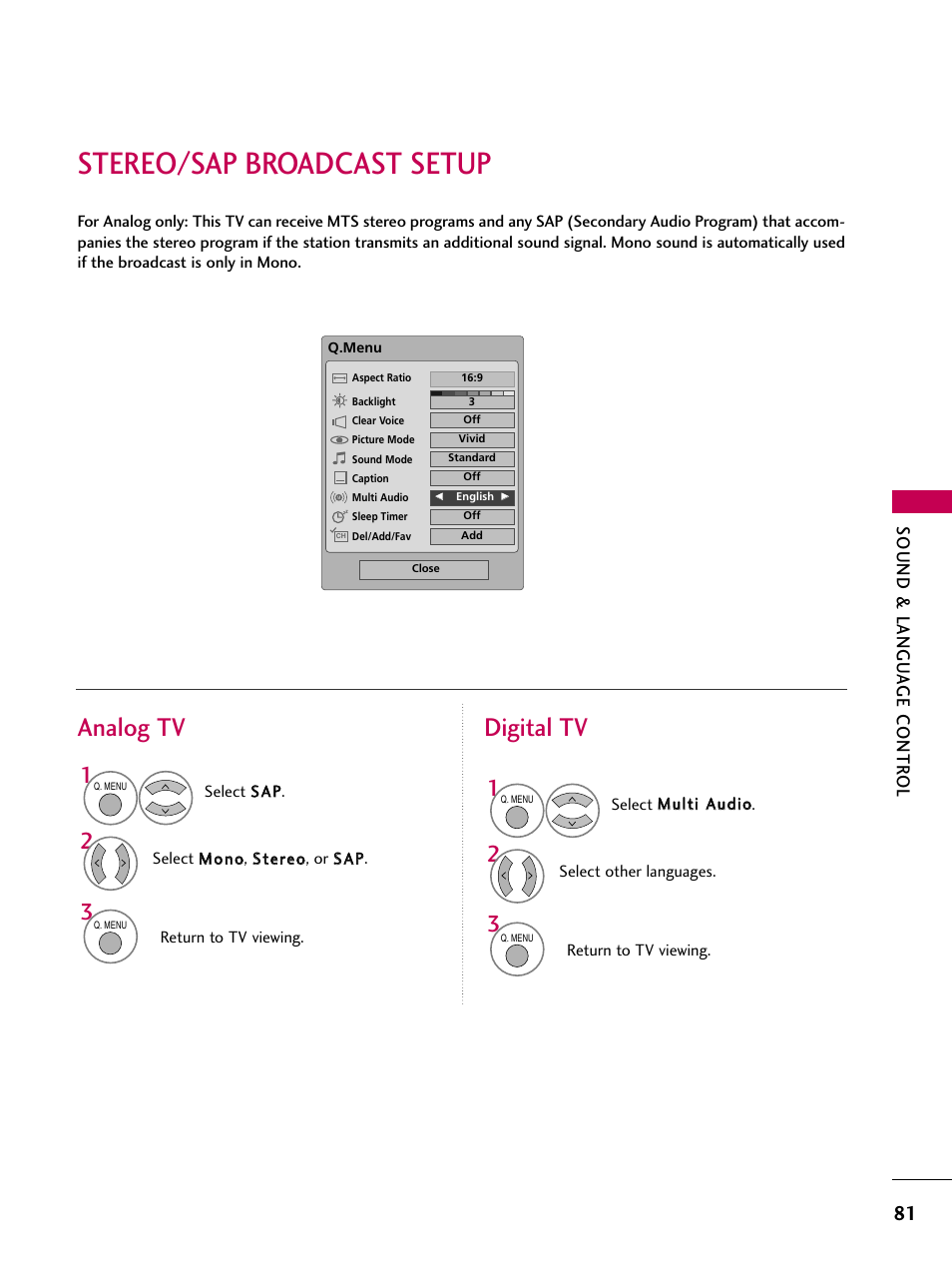 Stereo/sap broadcast setup, Analog tv digital tv, Sound & langu a ge contr ol | LG 32LG40 User Manual | Page 83 / 136