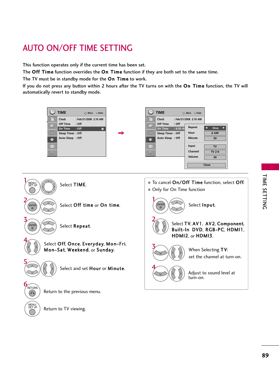 Auto on/off time setting, Time setting | LG 32LG40 User Manual | Page 91 / 136