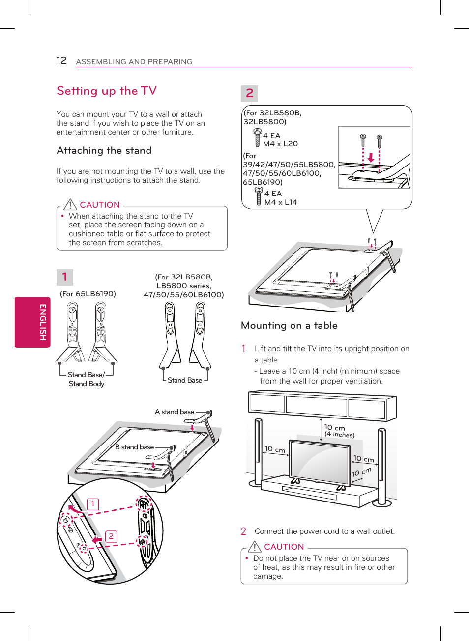 12 setting up the tv, Attaching the stand, Mounting on a table 1 | LG 60LB6100 User Manual | Page 12 / 24