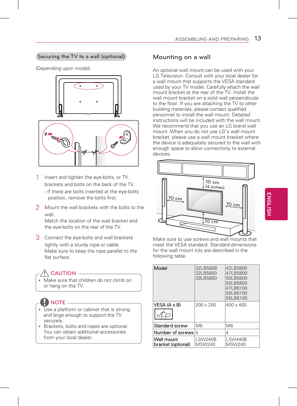 Mounting on a wall | LG 60LB6100 User Manual | Page 13 / 24