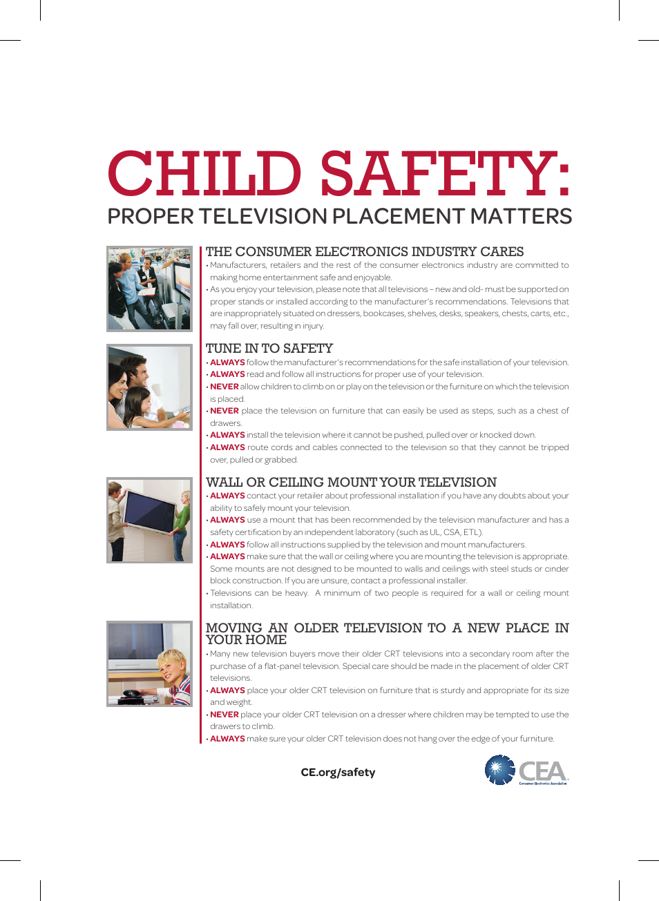 Child safety, Proper television placement matters, The consumer electronics industry cares | Tune in to safety, Wall or ceiling mount your television | LG 60LB6100 User Manual | Page 23 / 24