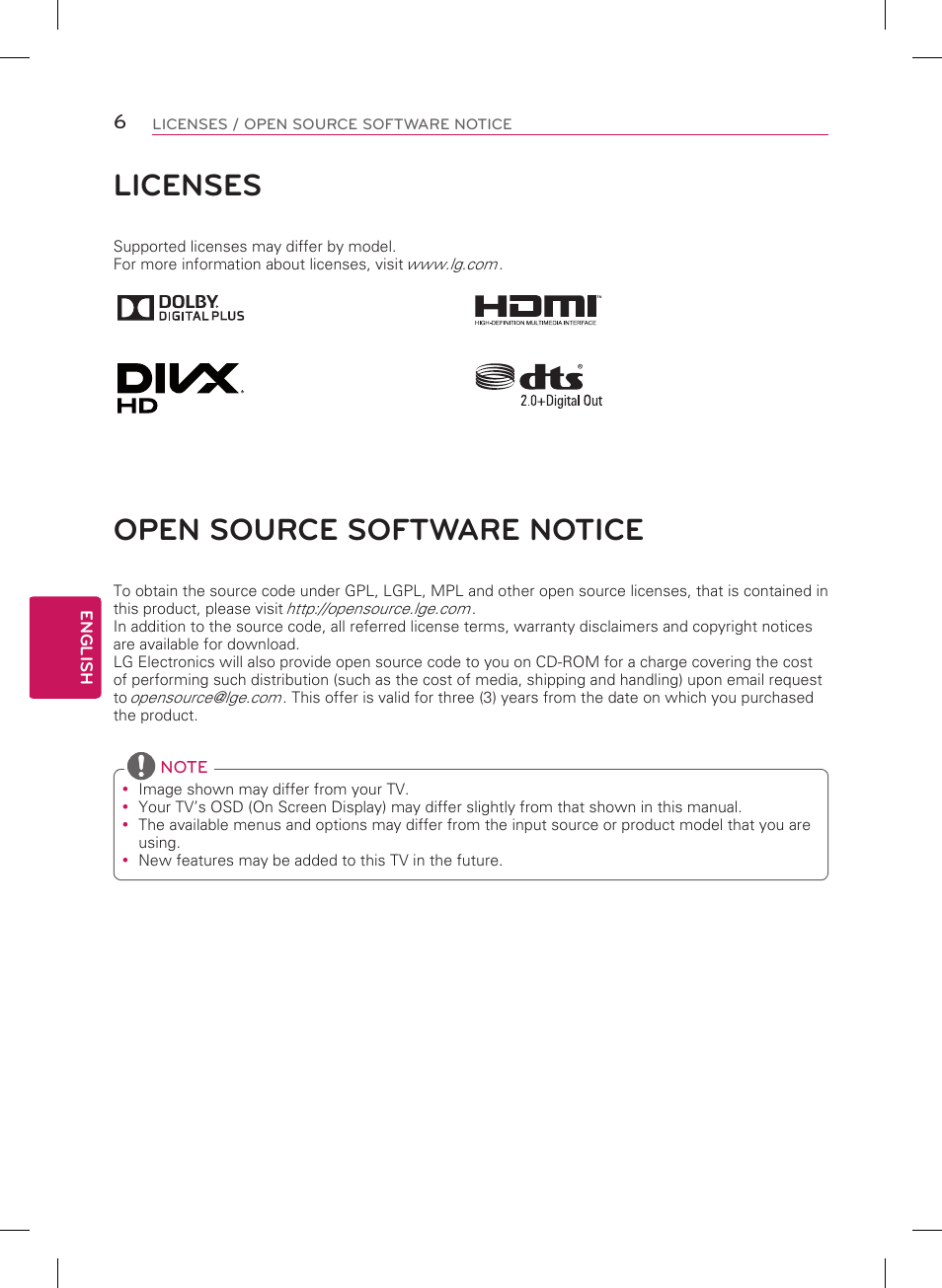 Licenses, Open source software notice | LG 60LB6100 User Manual | Page 6 / 24