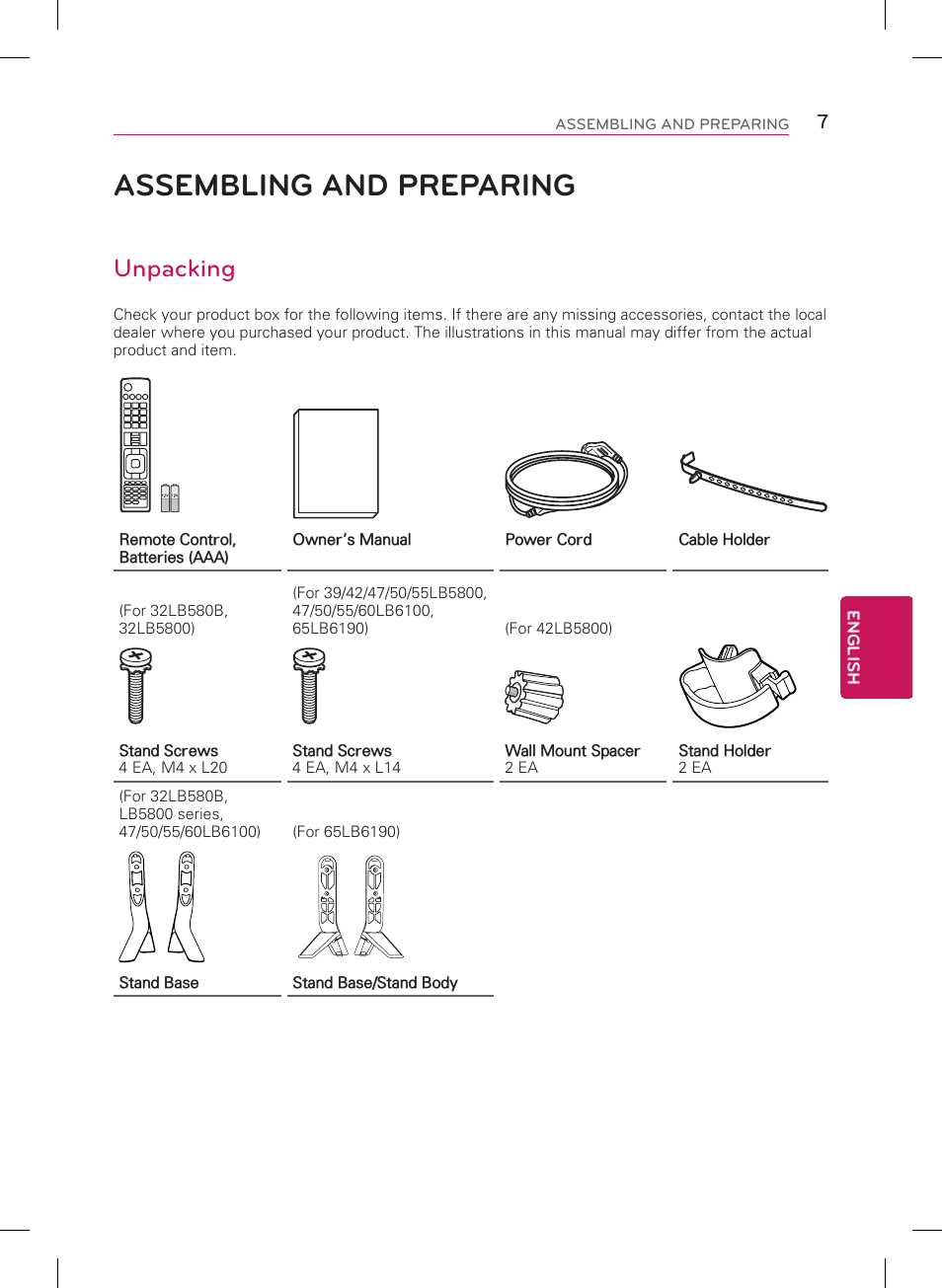Assembling and preparing, Unpacking | LG 60LB6100 User Manual | Page 7 / 24