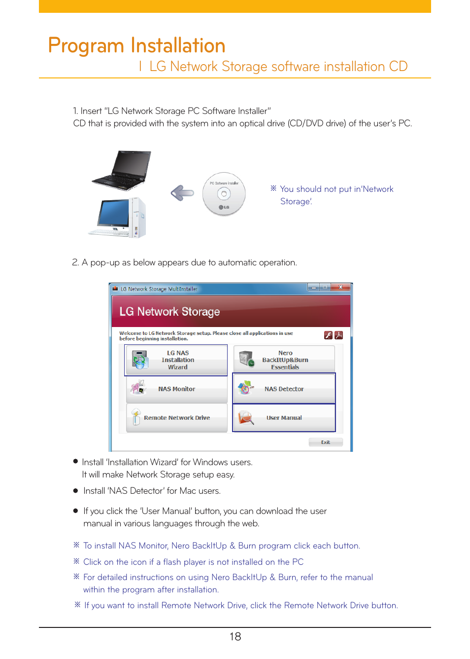 Program installation, L lg network storage software installation cd | LG N1A1DD1 User Manual | Page 18 / 103