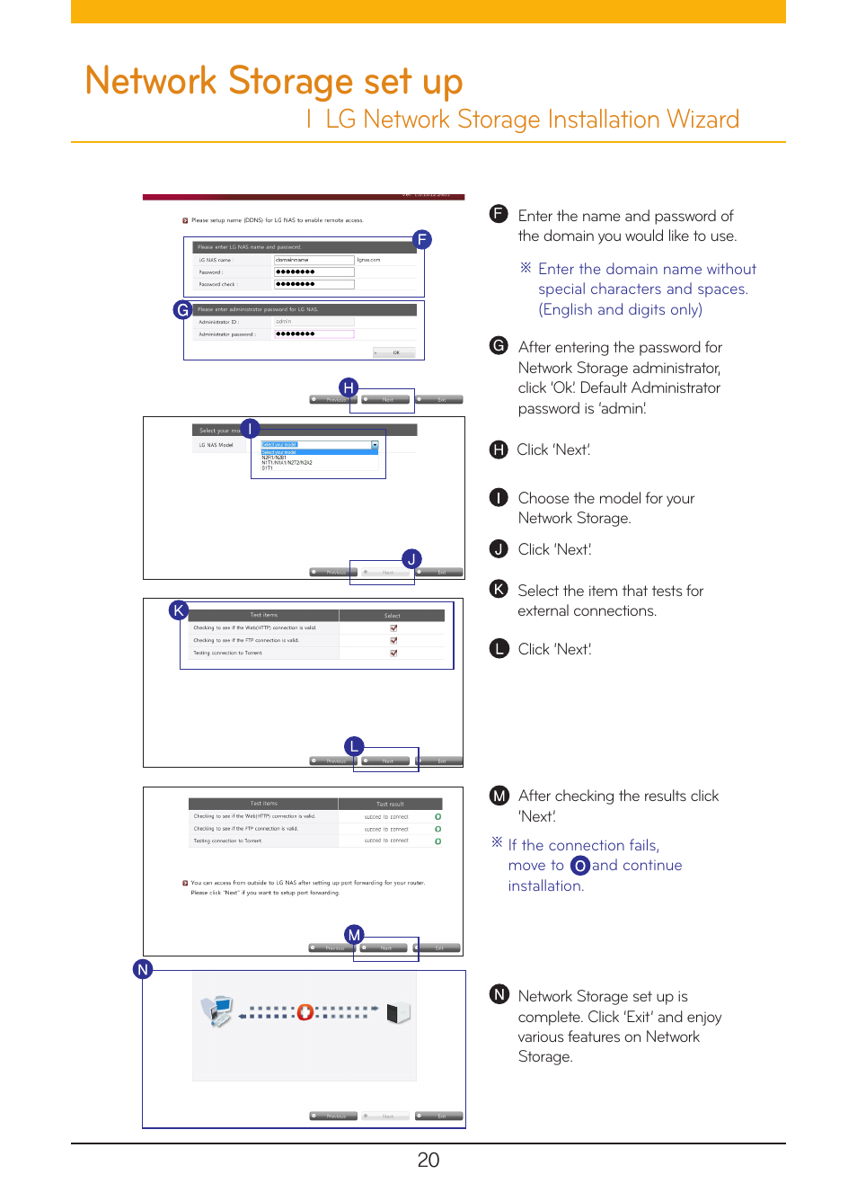 Network storage set up, L lg network storage installation wizard | LG N1A1DD1 User Manual | Page 20 / 103
