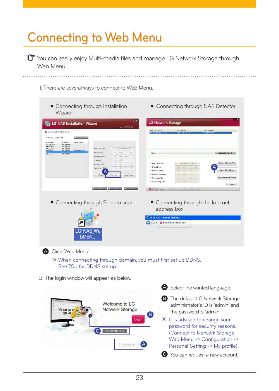 Connecting to web menu | LG N1A1DD1 User Manual | Page 23 / 103