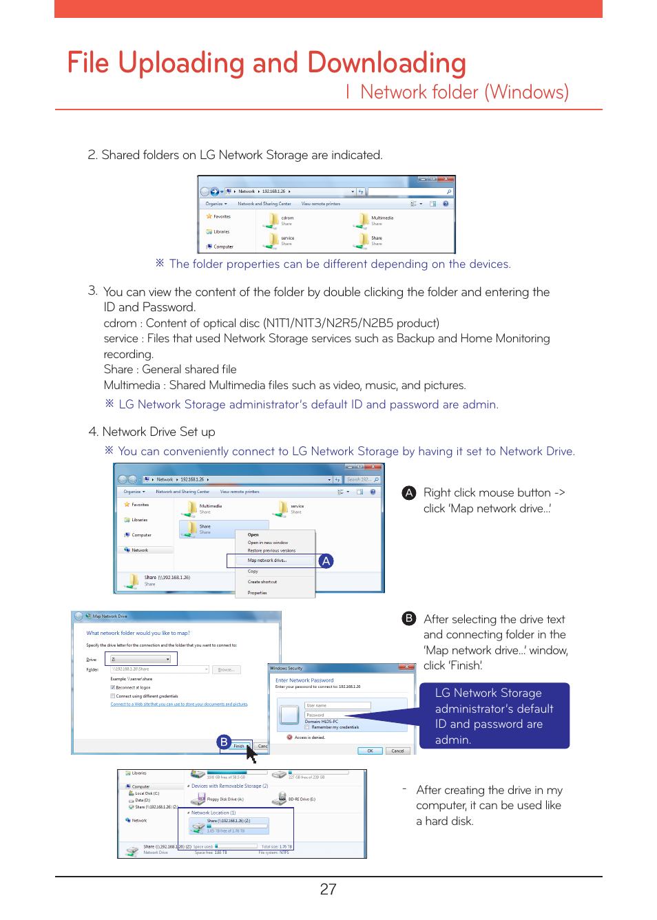 File uploading and downloading, L network folder (windows) | LG N1A1DD1 User Manual | Page 27 / 103