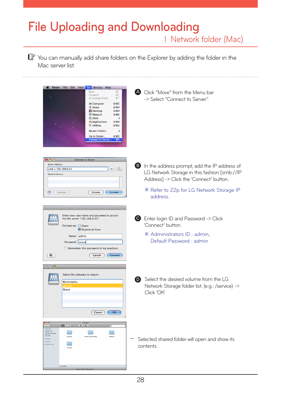 Network folder (mac), File uploading and downloading, L network folder (mac) | LG N1A1DD1 User Manual | Page 28 / 103