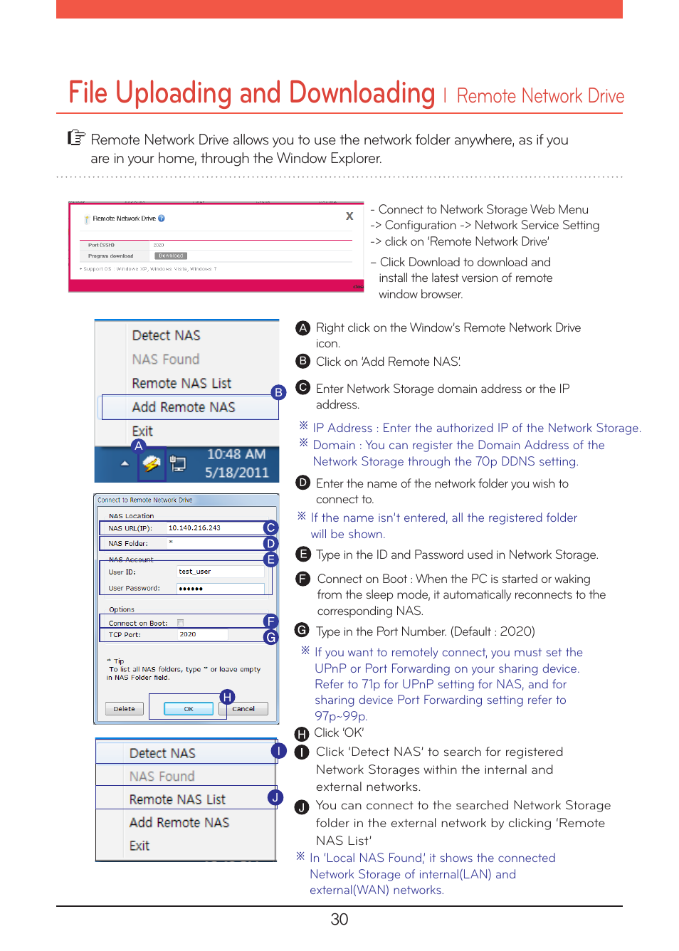 Remote network drive, File uploading and downloading, L remote network drive | LG N1A1DD1 User Manual | Page 30 / 103