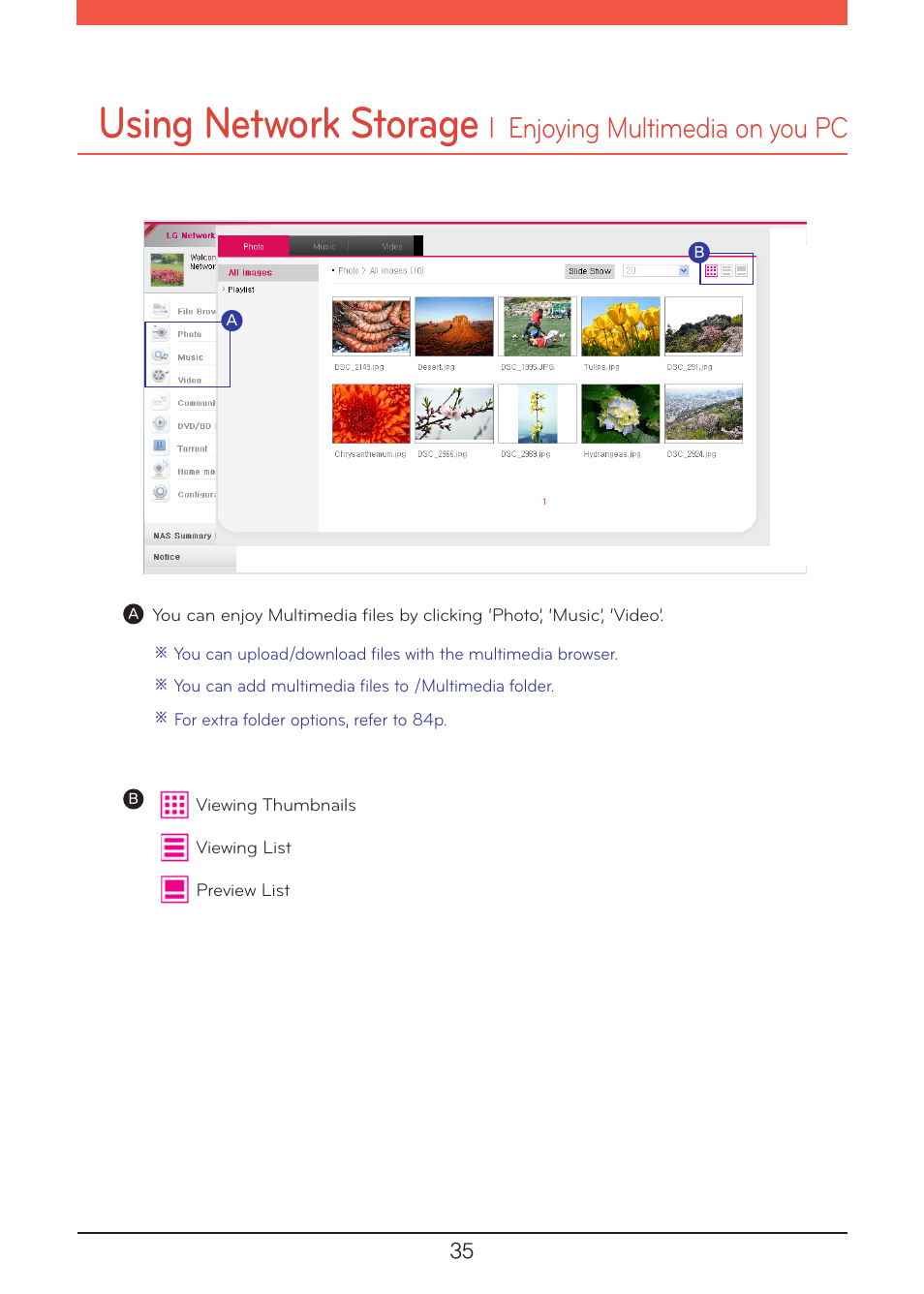 Using network storage, Enjoying multimedia on you pc, L enjoying multimedia on you pc | LG N1A1DD1 User Manual | Page 35 / 103