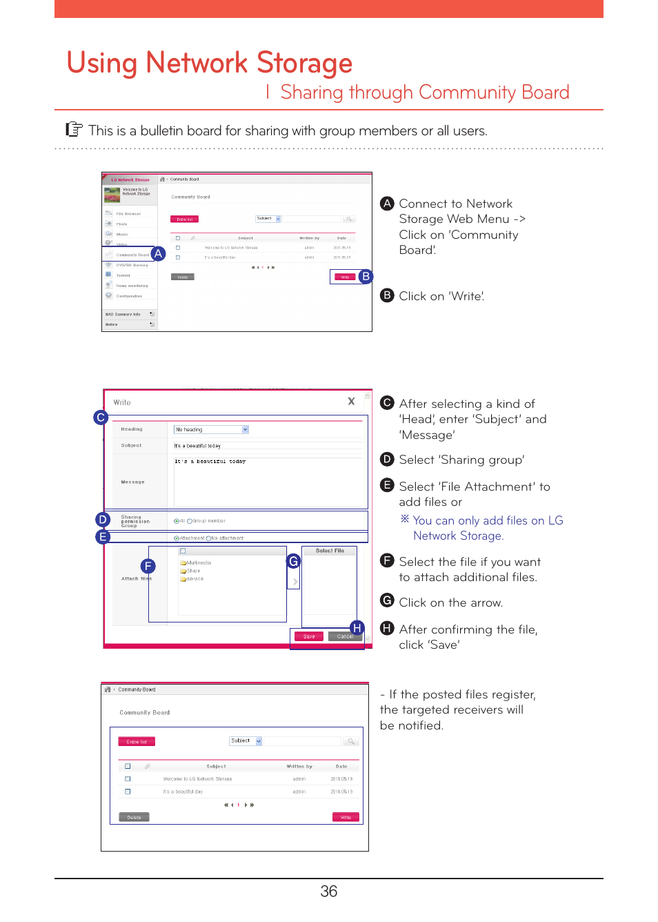 Sharing through community board, Using network storage, L sharing through community board | LG N1A1DD1 User Manual | Page 36 / 103
