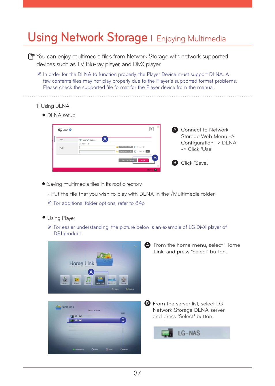 Enjoying multimedia, Using network storage, L enjoying multimedia | LG N1A1DD1 User Manual | Page 37 / 103