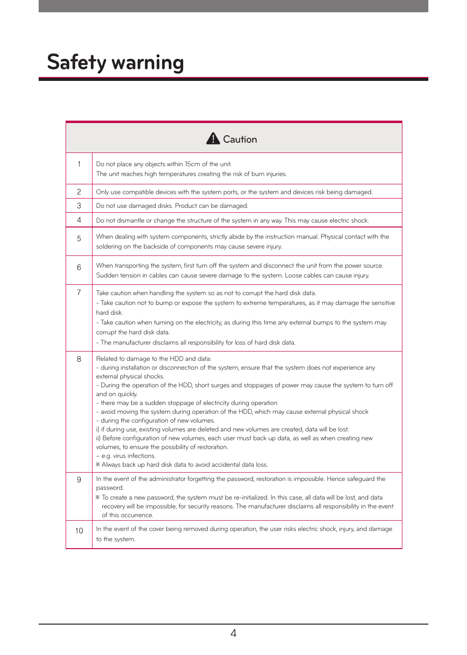 Safety warning, Caution | LG N1A1DD1 User Manual | Page 4 / 103