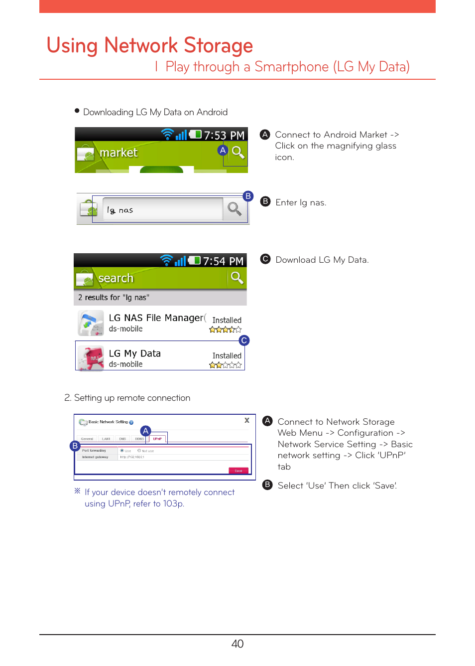 Play through a smartphone (lg my data), Using network storage, L play through a smartphone (lg my data) | LG N1A1DD1 User Manual | Page 40 / 103