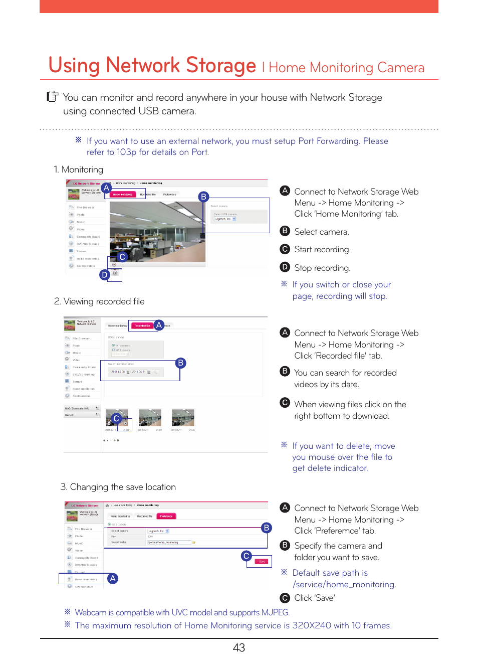 Home monitoring camera, Using network storage, L home monitoring camera | LG N1A1DD1 User Manual | Page 43 / 103