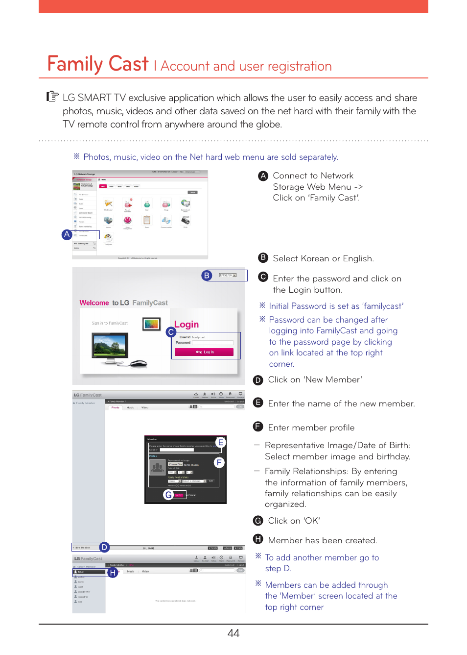 Family cast, Account and user registration, L account and user registration | LG N1A1DD1 User Manual | Page 44 / 103