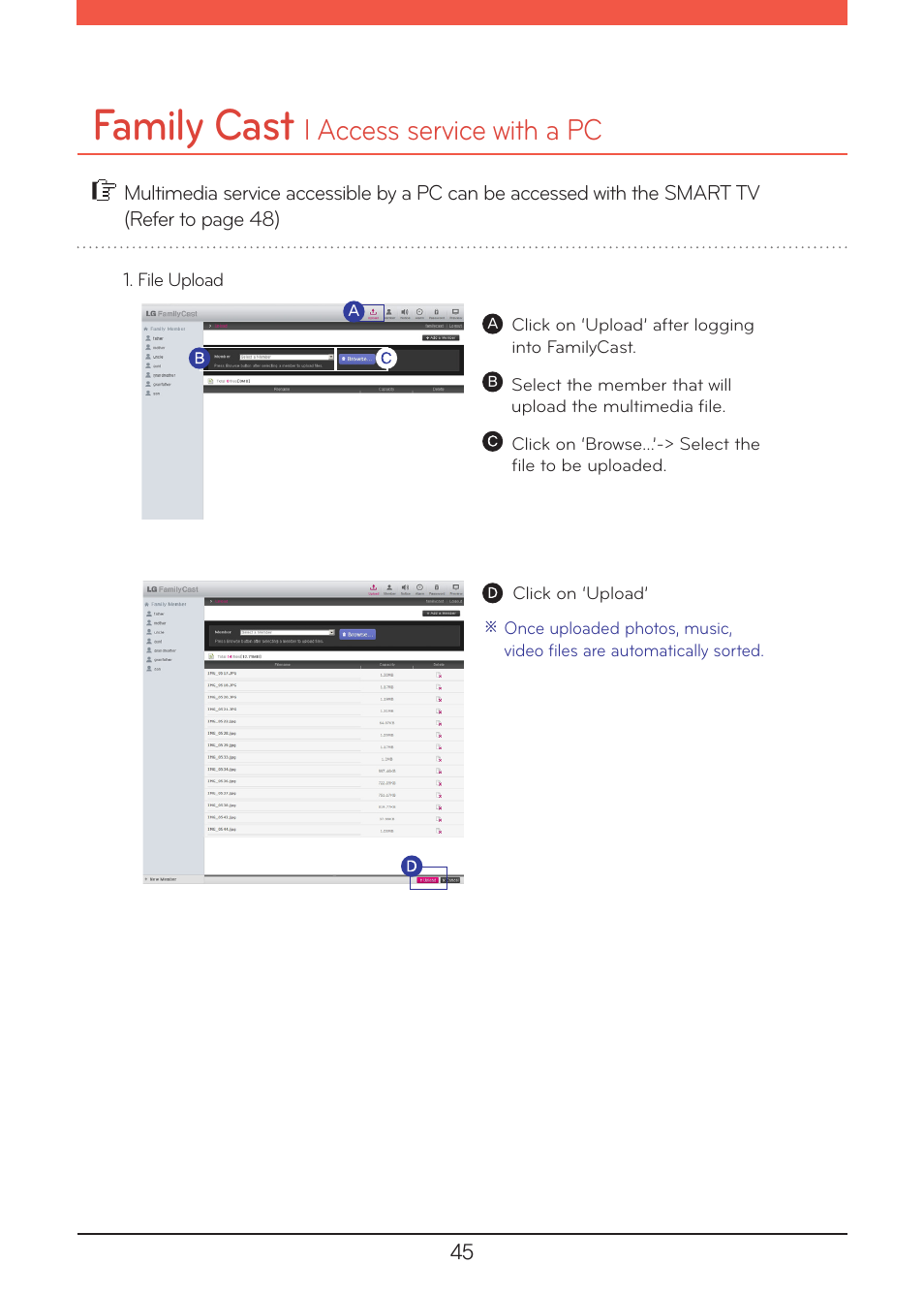 Access service with a pc, Family cast, L access service with a pc | LG N1A1DD1 User Manual | Page 45 / 103