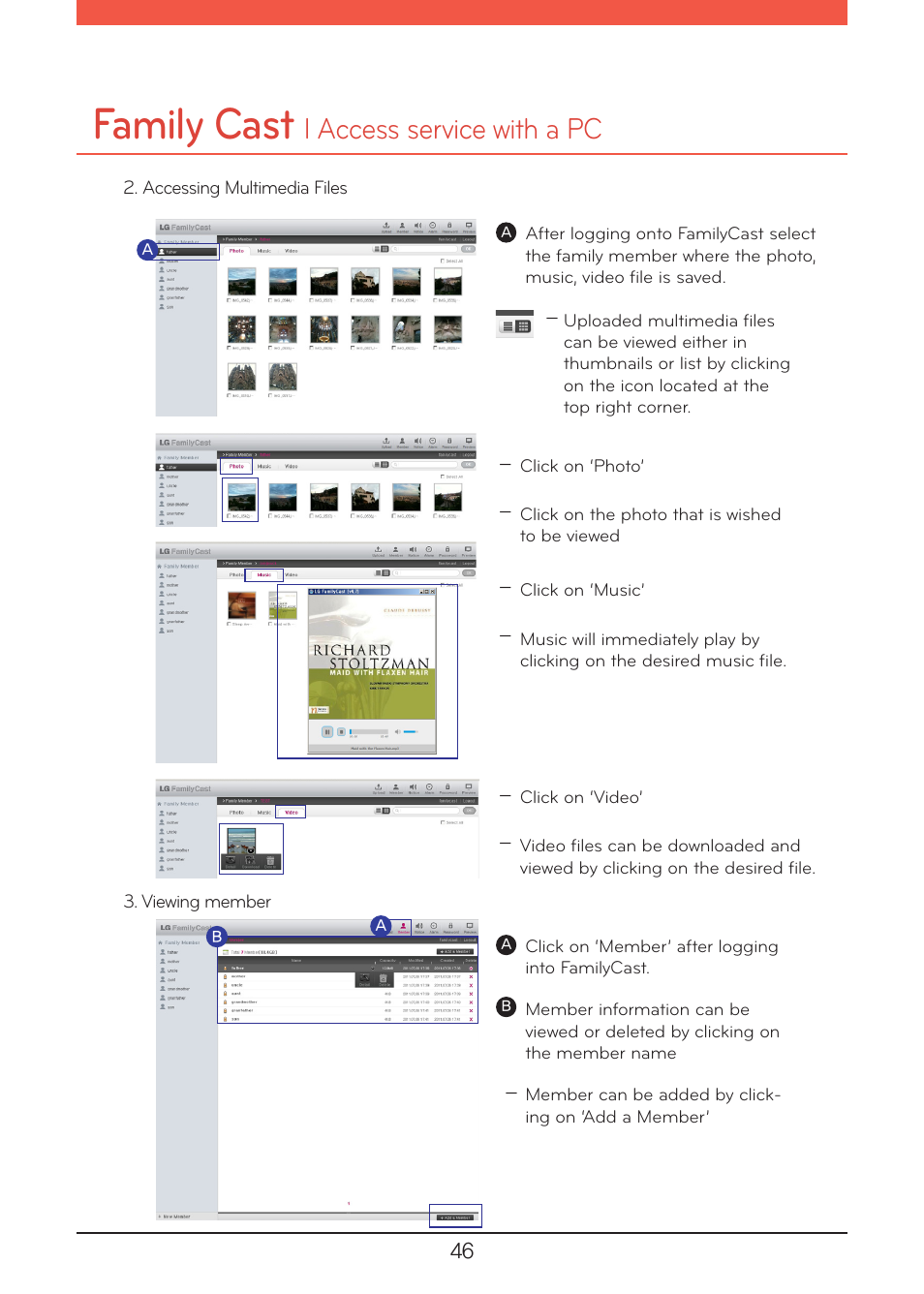 Family cast, L access service with a pc | LG N1A1DD1 User Manual | Page 46 / 103