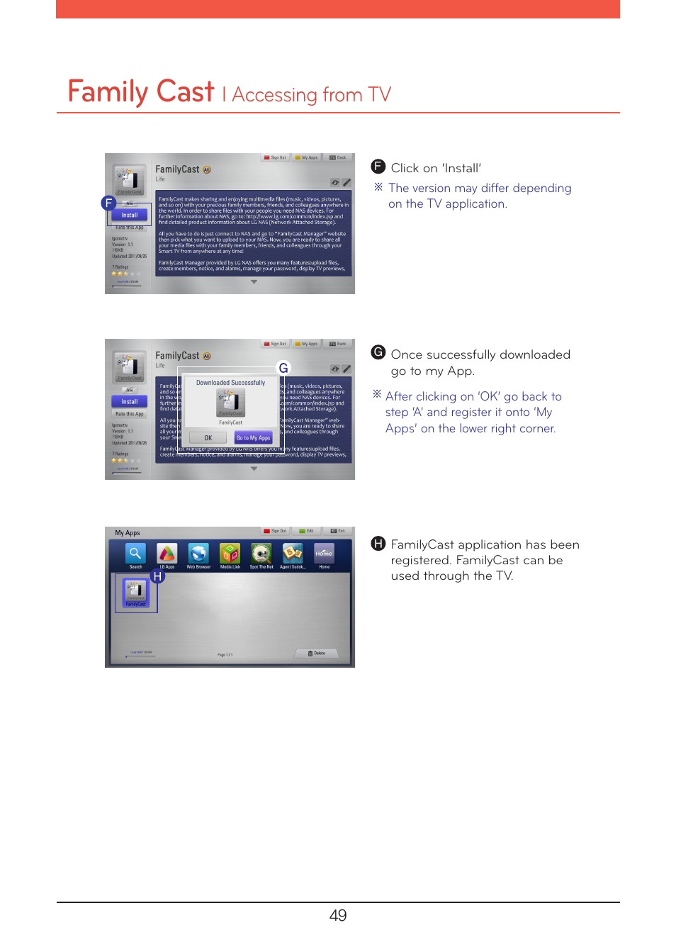 Family cast, L accessing from tv | LG N1A1DD1 User Manual | Page 49 / 103