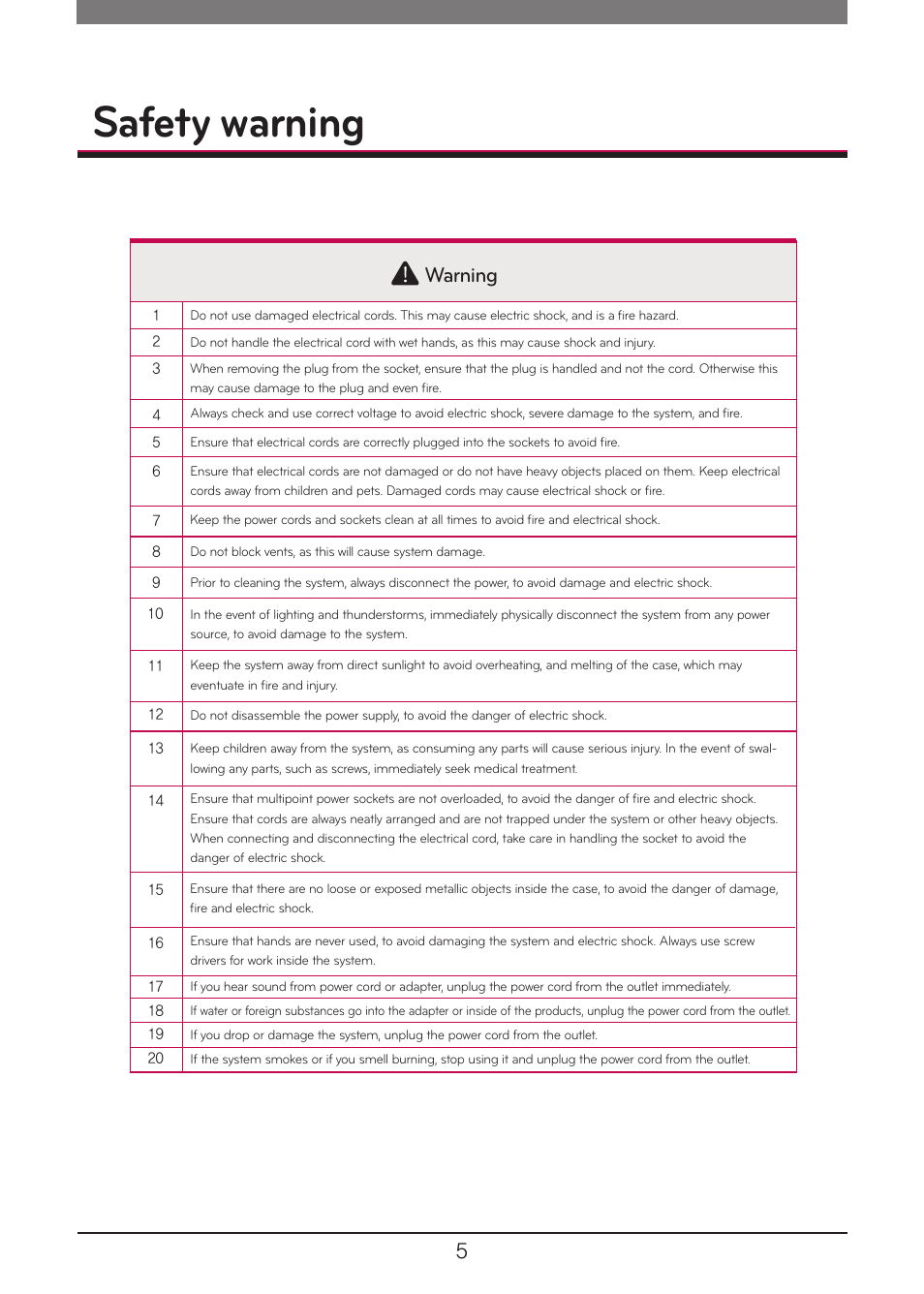 Safety warning, Warning | LG N1A1DD1 User Manual | Page 5 / 103